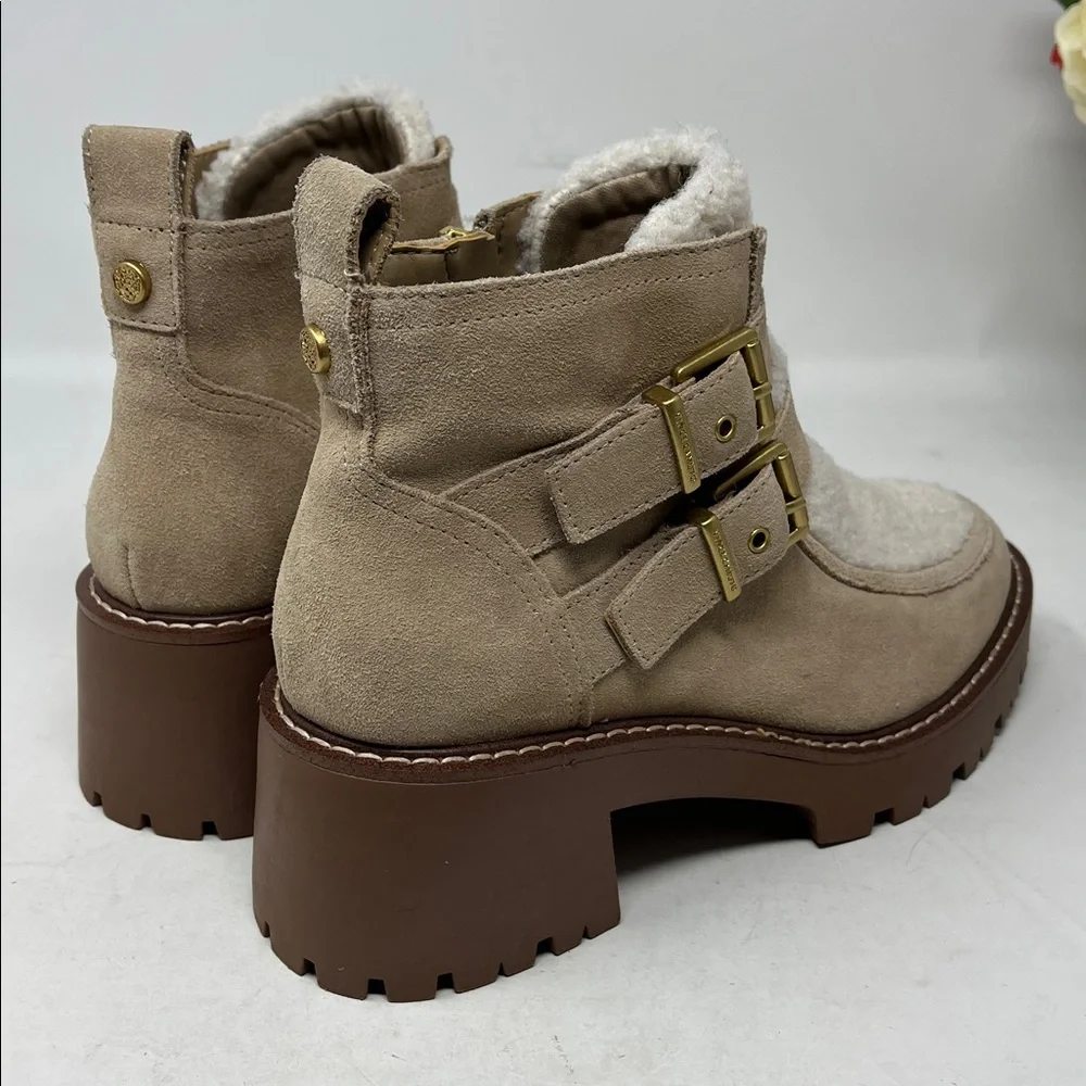 VINCE CAMUTO Destonny Cozy Buckle Booties Tan Suede and Sherpa Side Zip Sz 6 new